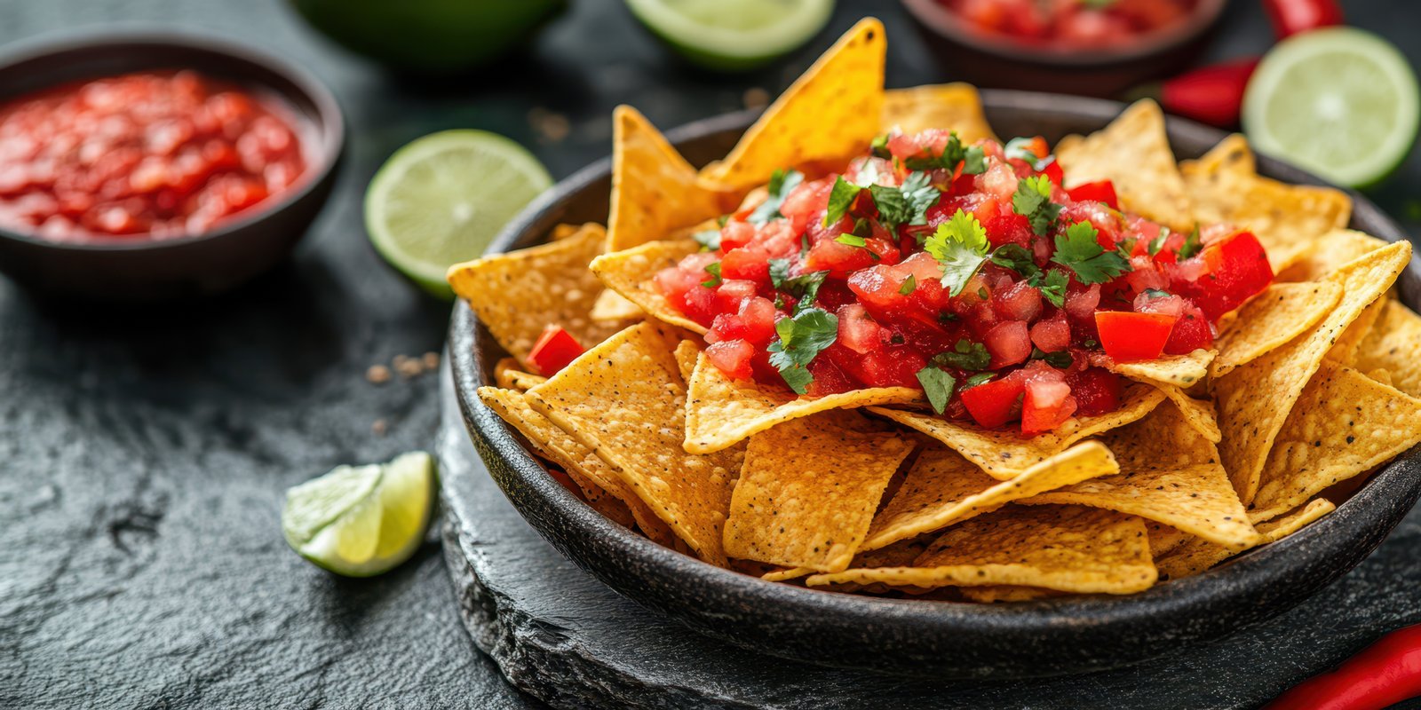 Freshly made nachos topped with salsa, served with lime wedges in a vibrant setting